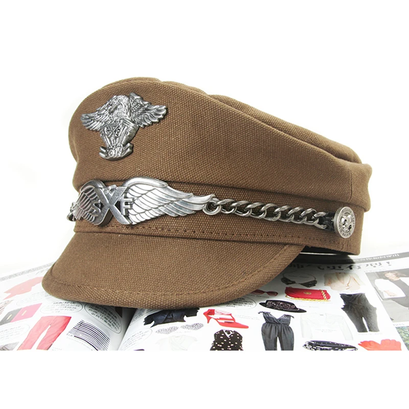 Retro Navy Peaked Sailor Cap Men Women Spring Beret Hat Male Canvas Grey Eagle Belt Locomotive German Captain Casquette