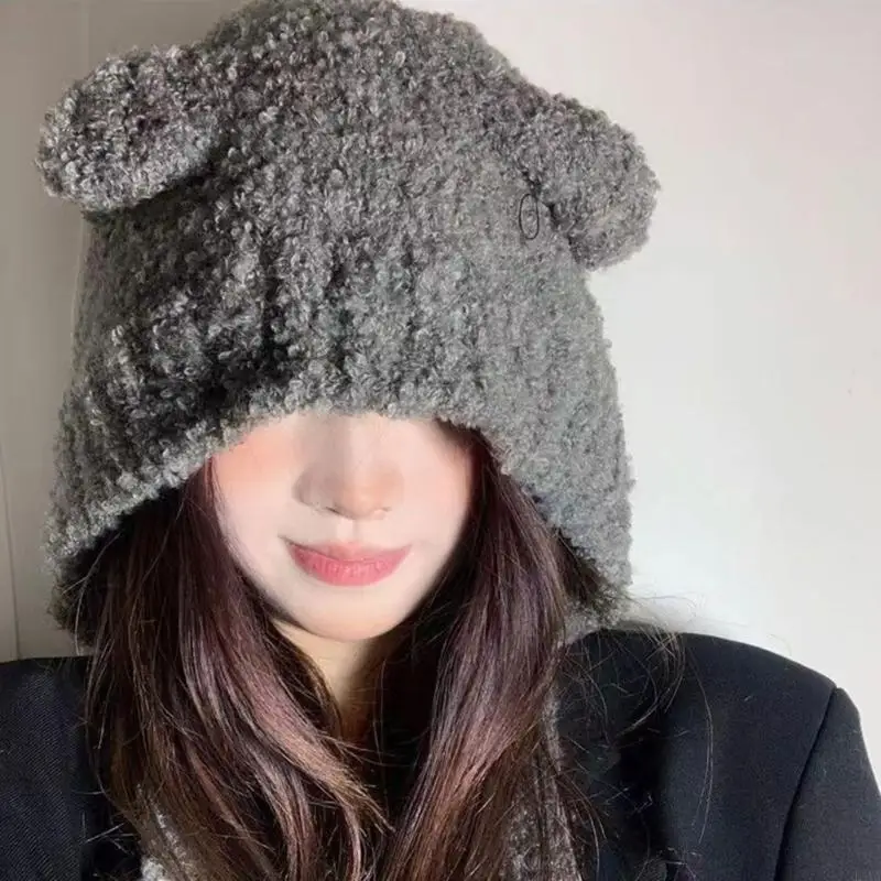 

L5YA Cartoon Beanie Hat Warm Bucket Hat Ear Protective Cap Cold Weather Bonnet