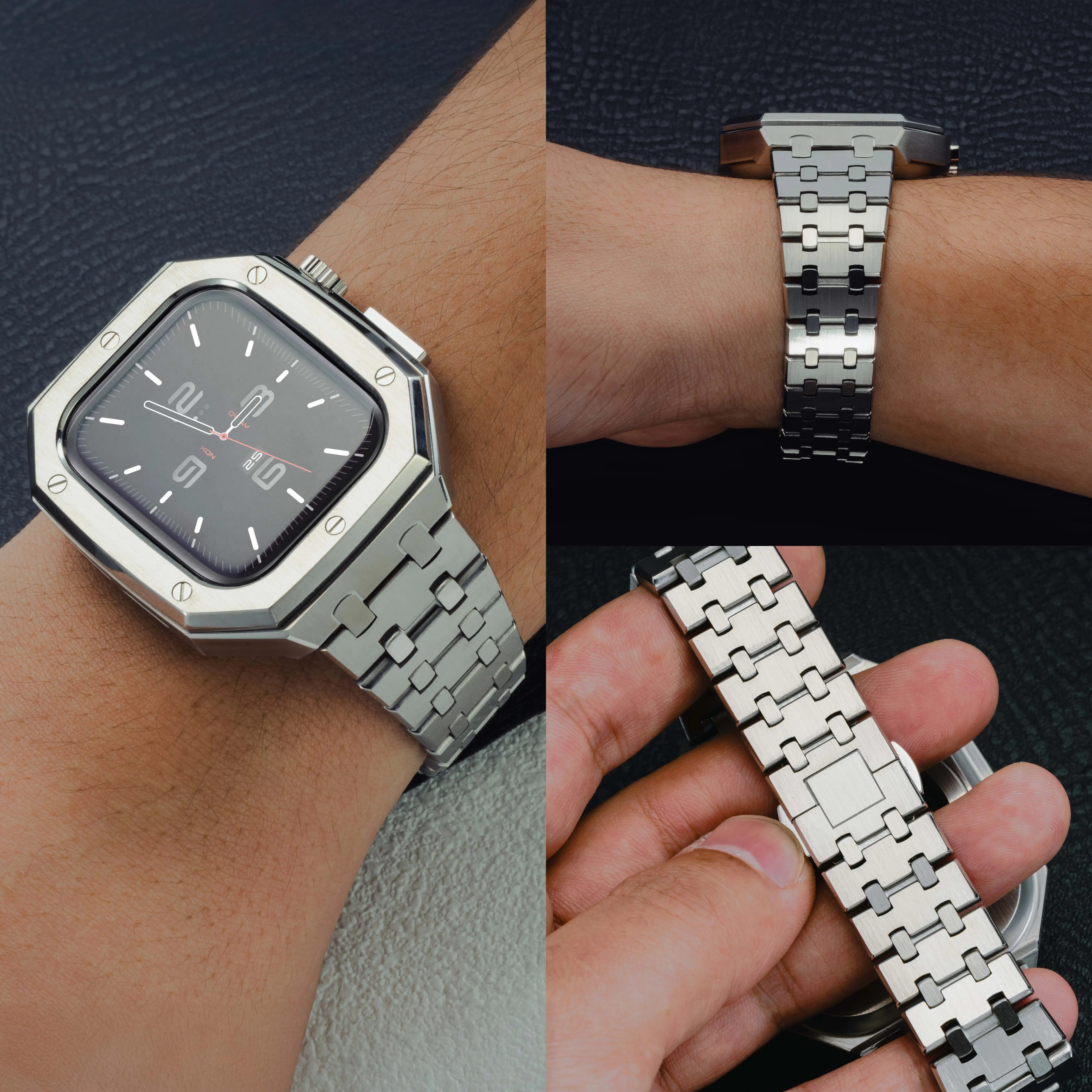 Luksusowy zestaw modyfikacyjny ze stali nierdzewnej do Apple Watch 11 10 9 8 7 46 45 41, metalowa obudowa do iWatch 6 5 4 3 SE 44 40, zestaw pasków — zdjęcie produktu 4