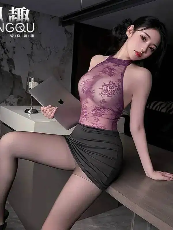 Tenue de secrétaire Sexy en dentelle transparente, jupe courte moulante, uniforme, robe élégante, Sexy, haut pour femme, BGN8