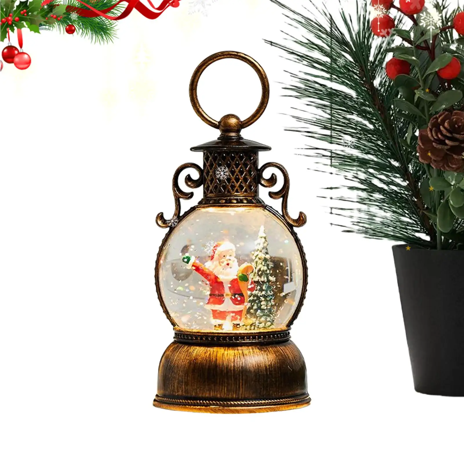Retro Christmas Snow Globe Lantern Hand-held Christmas Snow Globe Lantern Glitter Decor USB Charging Christmas Snowball Lantern