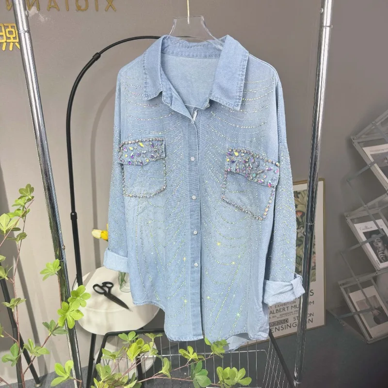 Korean Chic Women\'s Denim Shirt 2024 Spring Fashion Hot Diamonds Casual Loose Denim Jacket Lapel Rhinestone Long Sleeve Blouse