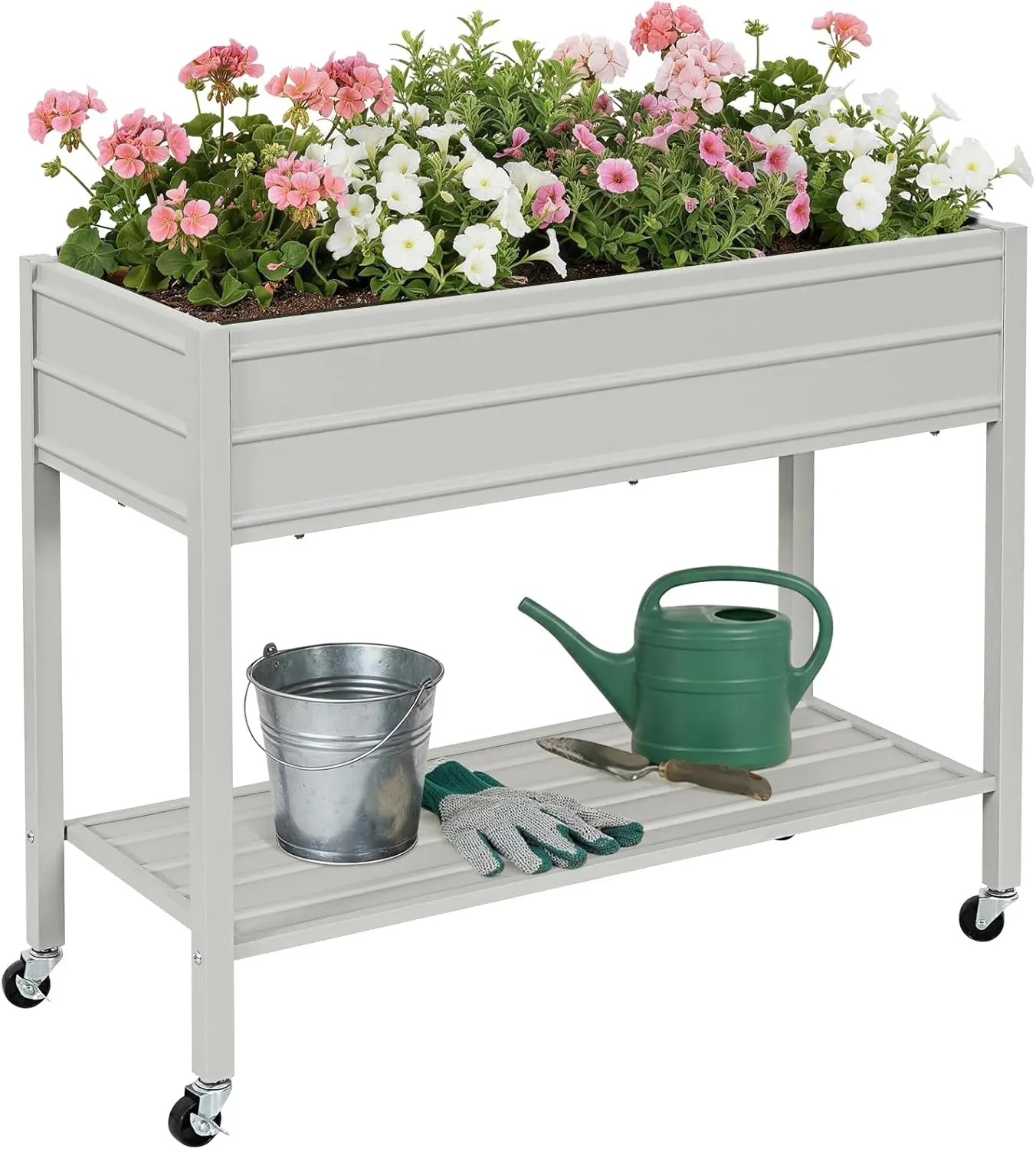 Outdoor Galvanized Grey Raised Garden Bed with Legs, Wheels, and Shelf, 400lb Capacity for Vegetables, Herbs, and Flowers