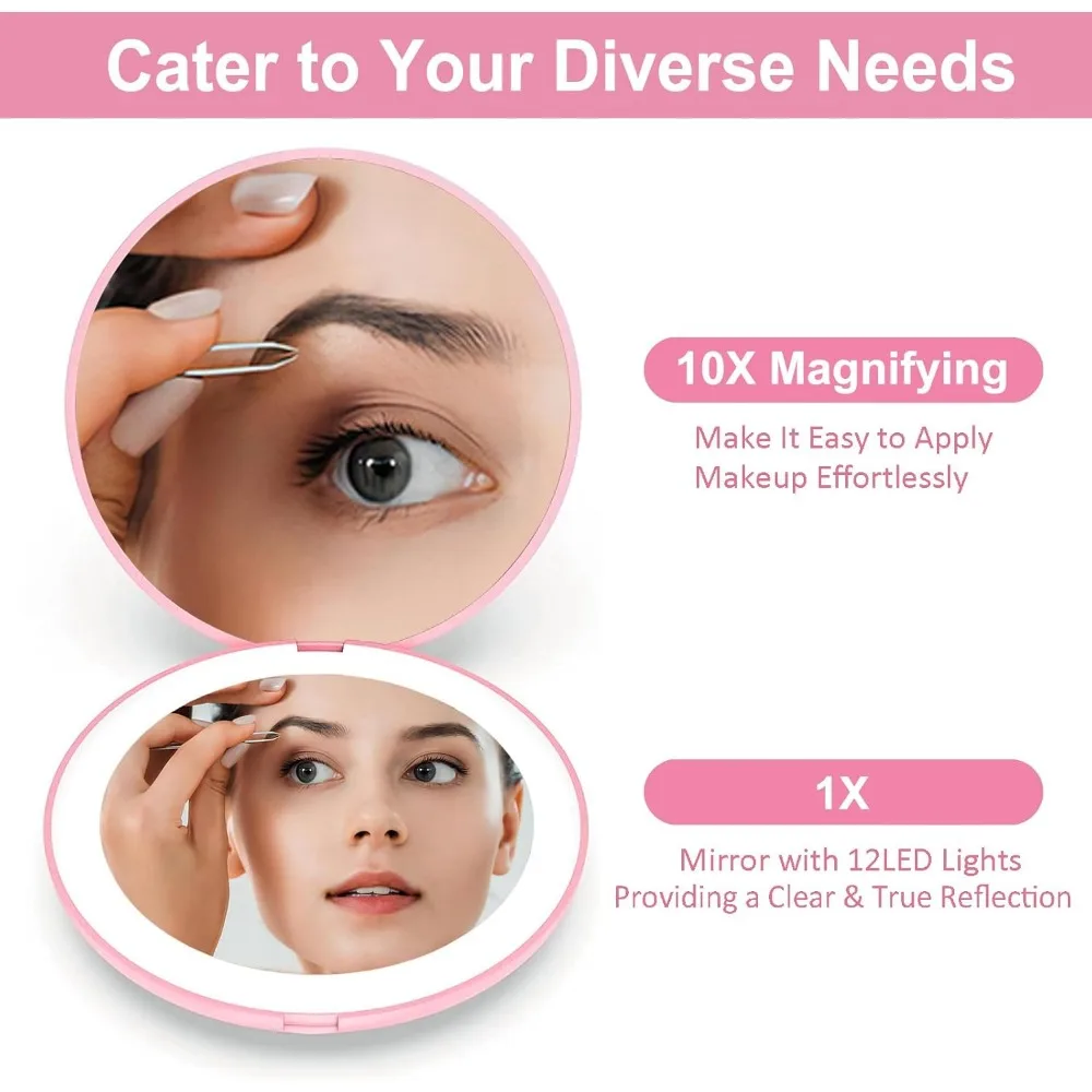 LED wiederaufladbarer 1X/10X Vergrößerungs-Kosmetik-Kosmetikspiegel mit Lichtern, kompakt, tragbar, für Reisen, dimmbar, beleuchtet, für Handtasche\[