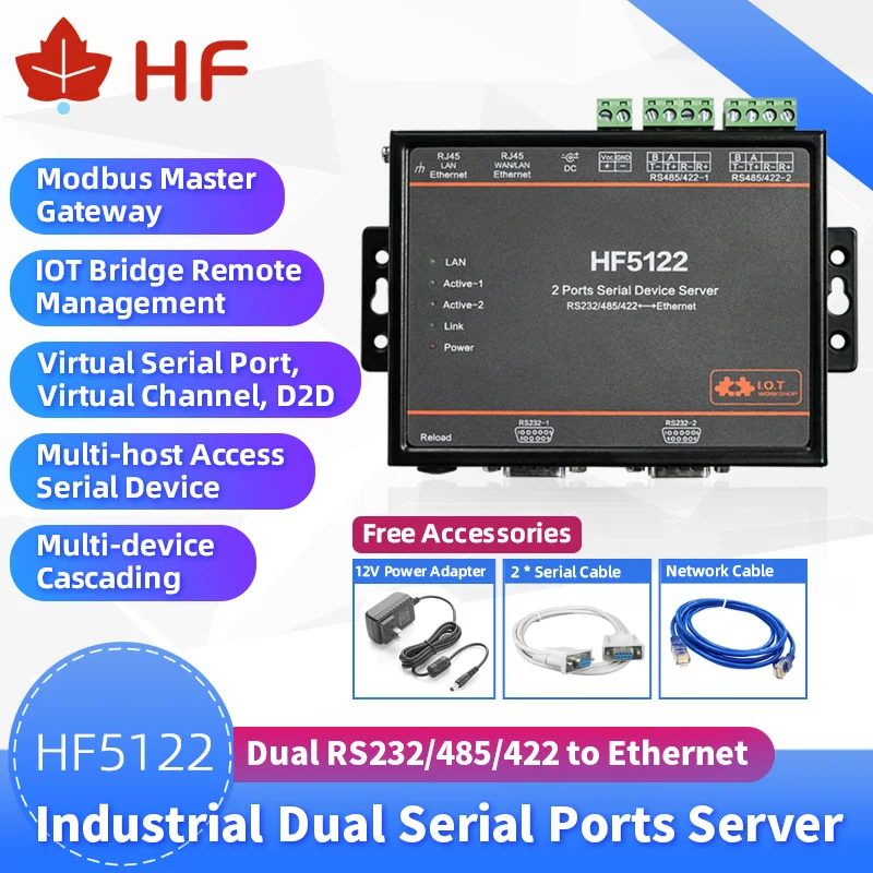 IOT إلى محول إيثرنت تسلسلي ، FreeRTOS ، نقل 2-Port ، خادم تسلسلي ، Modbusrtu ، HF5122RJ45 ، RS232 ، 485/422 إلى وحدة tcp