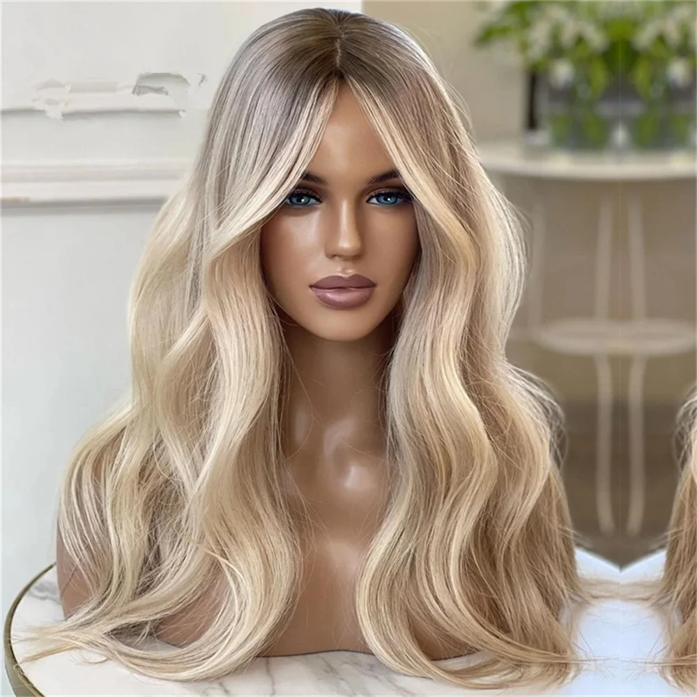 Ash Roots Lace Frontal Wig Synthetic Hair Creamy Blonde Highlights Wig 18