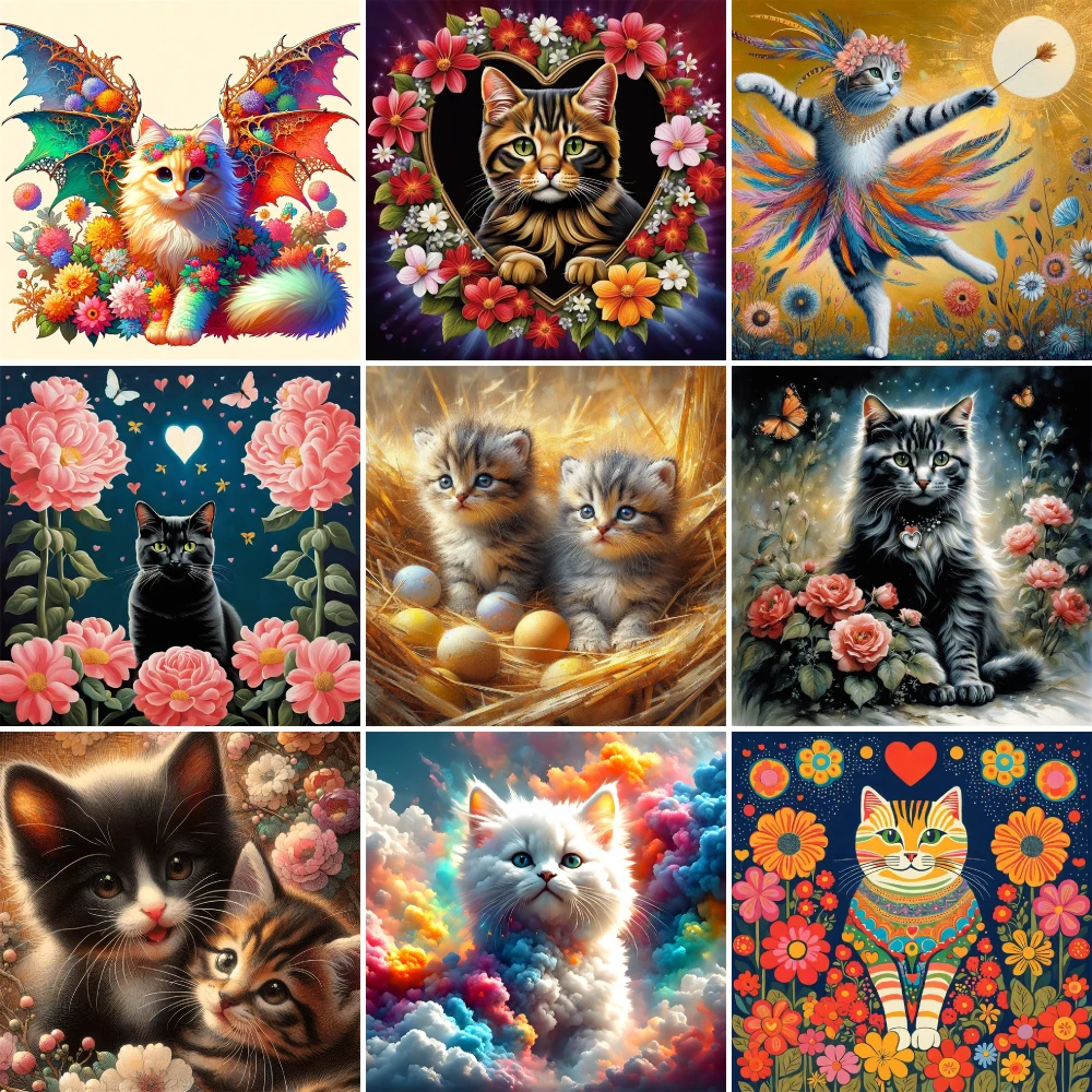 Animal Cat Flowers Printed Fabric Cross Stitch DIY Embroidery Full Kit Handiwork Handicraft Craft Sewing Gift Wholesale Needle