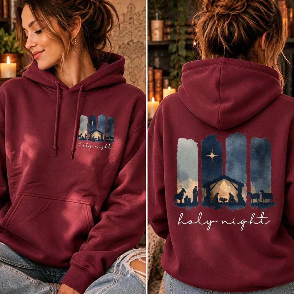 Holy Night Hoodie Nativity Christian Christmas Jesus Manger Bethlehem Star Cozy Watercolor Double Sided Print Unisex Pullover