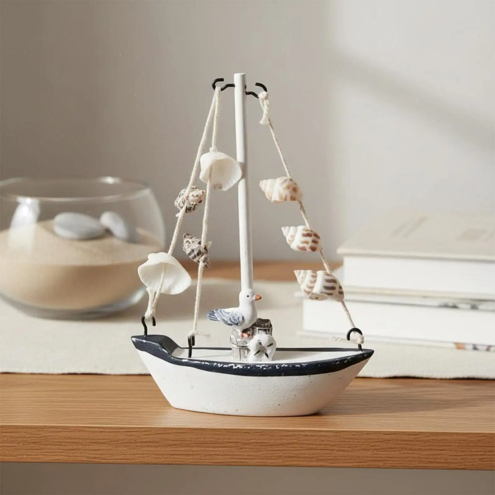 Sailboat Figurine Wooden Nautical Decor Rustic Crackle Finish Coastal Ornament for Living Room Mantel