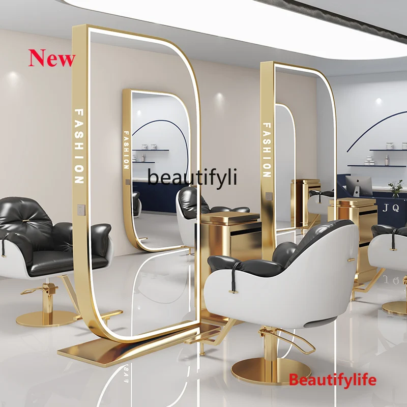 

53 High-end Barber Shop Mirror Hair Salon Stainless Steel Single and Double Sided Mirror with Light Floor Mirror Table