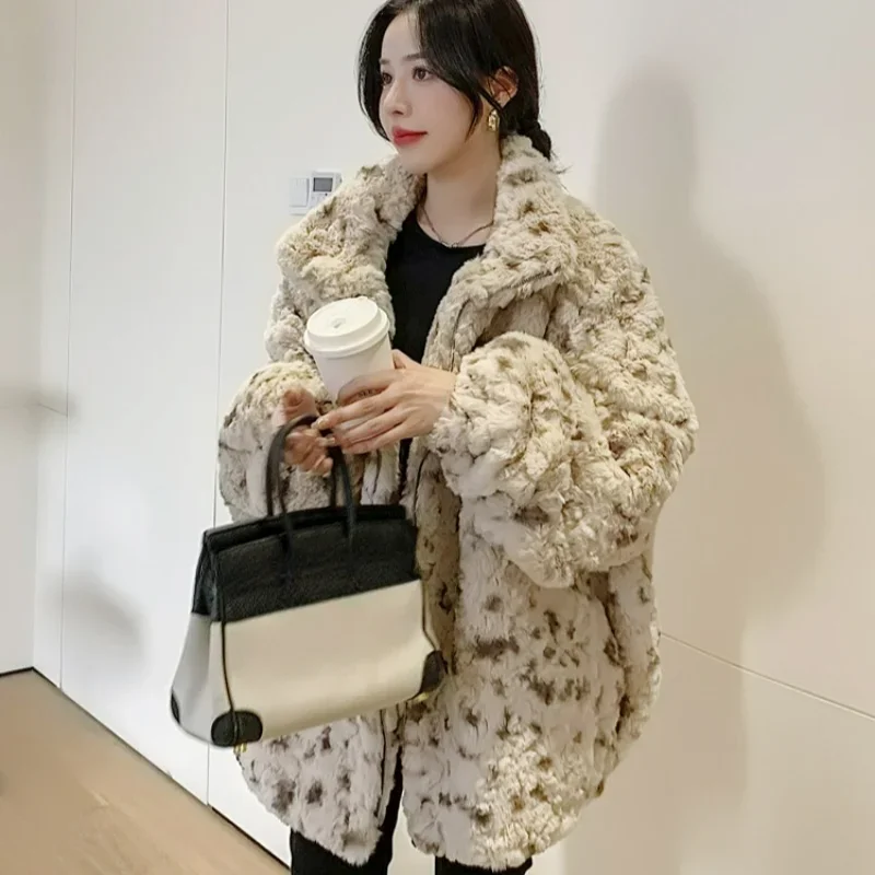 Cross-border New Leopard Print Brush Fur Fur Coat Autumn and Winter Women\'s Imitation Rabbit Hair Spots Loose Plush Clothes