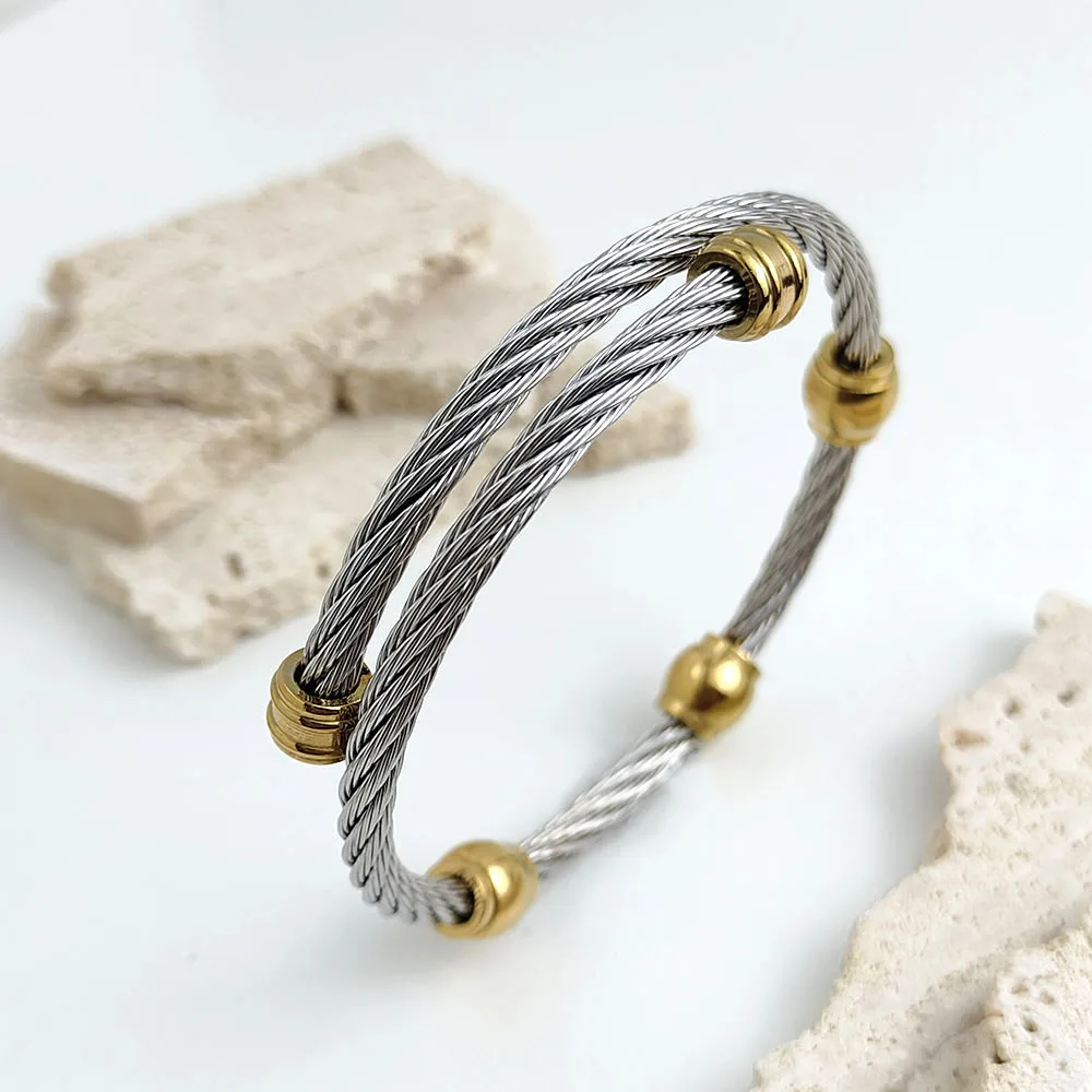 Steel wire twisted ball beads stainless steel gold-plated 18K bracelet, high quality waterproof silver jewelry, gift for couples