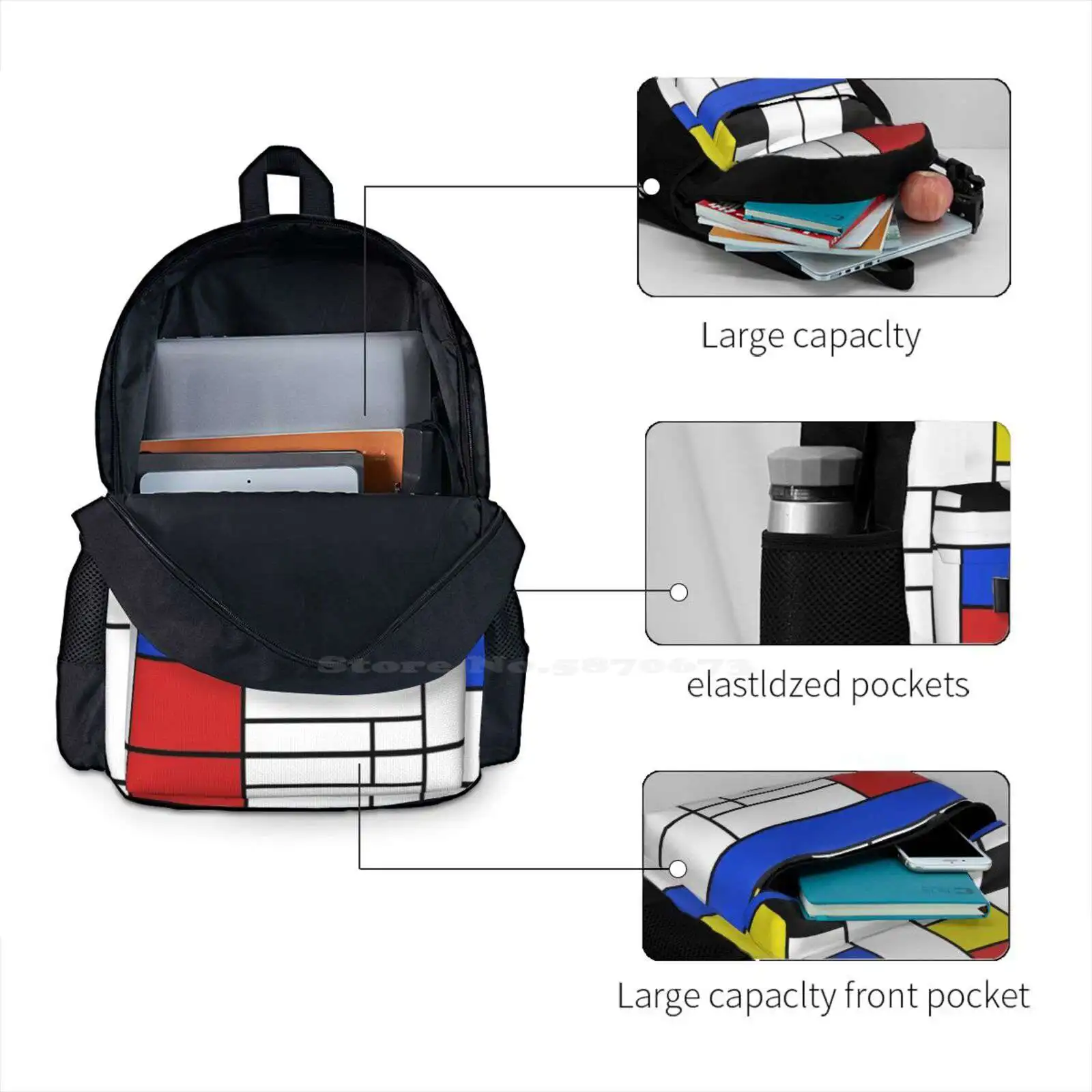 Mondrian Lines Hot Sale Schoolbag Backpack Fashion Bags Mondrian Lines Piet Abstract Artist Modern Retro Holland Dutch