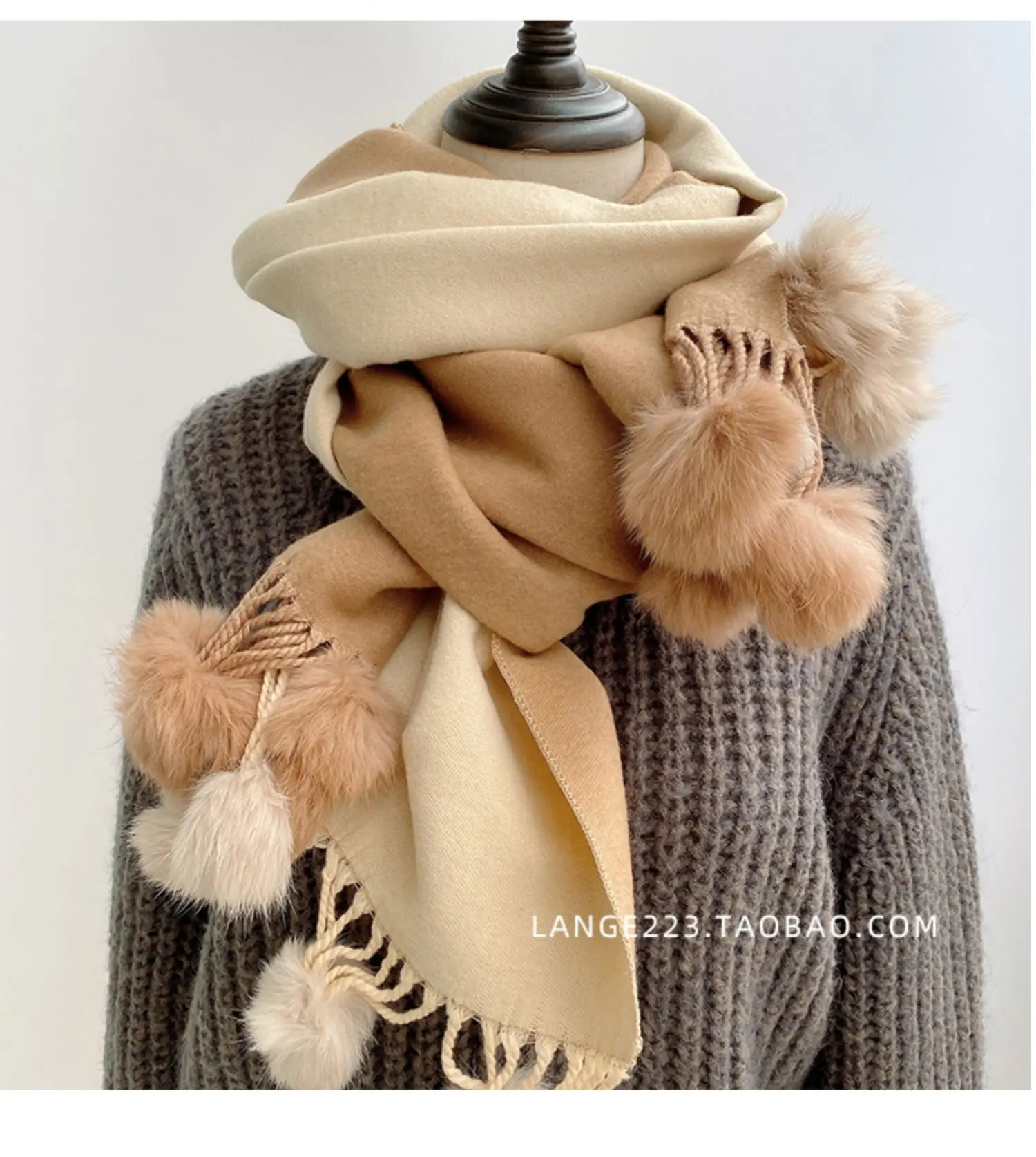 

Модный универсальный японский двусторонний двухцветный утолщенный длинный теплый зимний шарф из кроличьего меха с шариком волос для женщин
