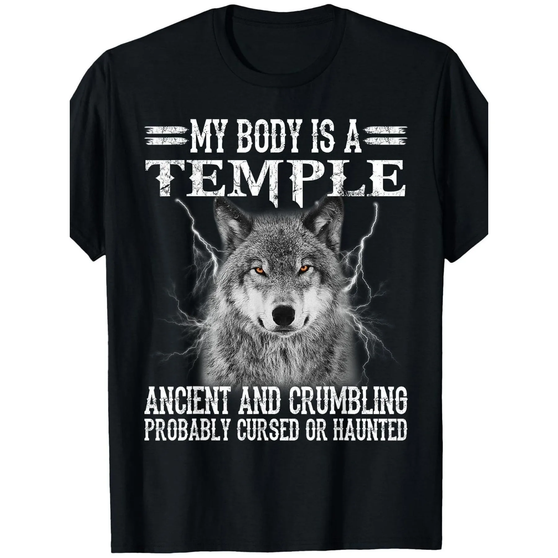 Camiseta con gráfico divertido de Wolf Temple, camiseta informal con cuello redondo y estampado gótico vintage para hombre