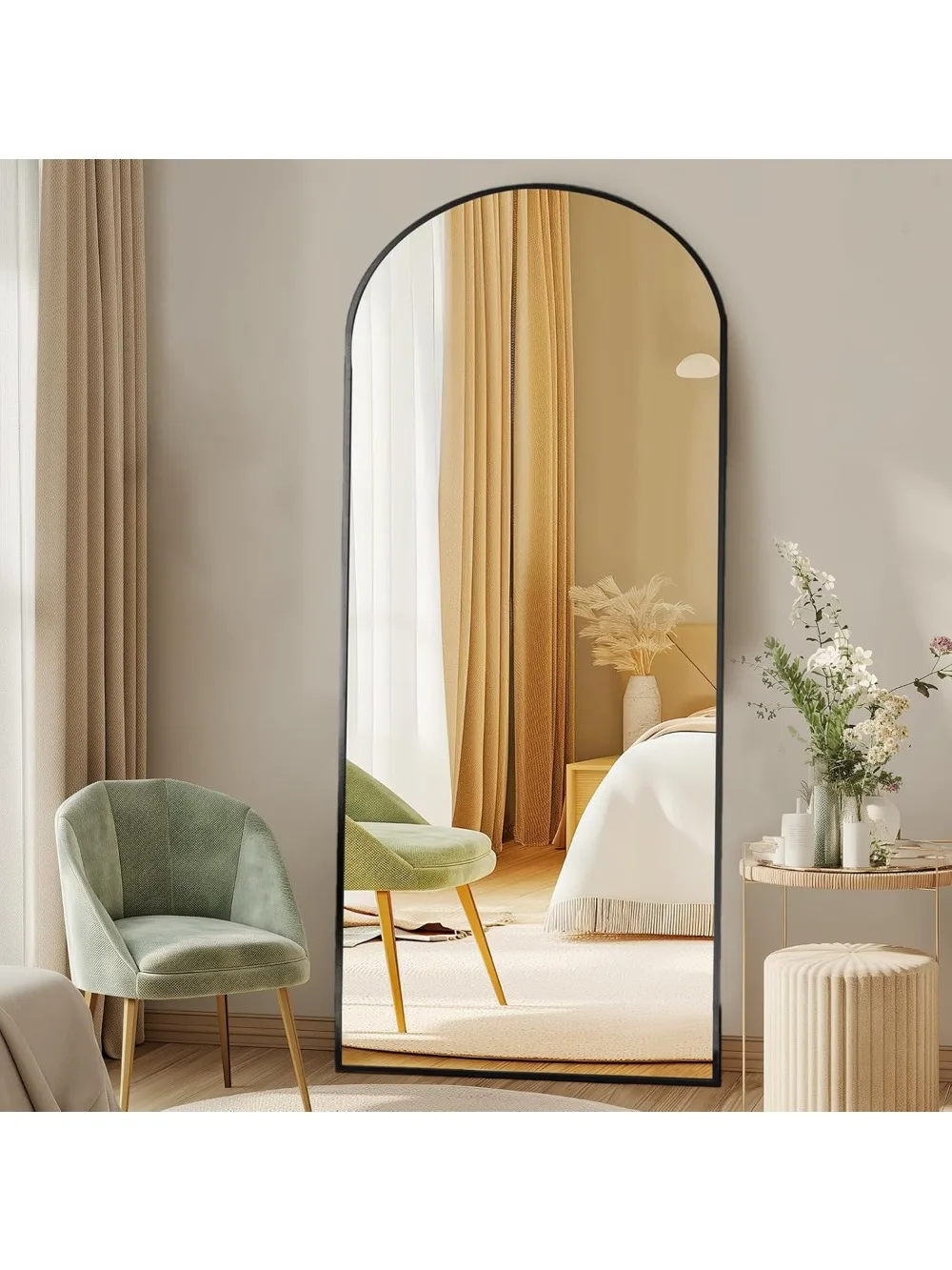 Espejo de longitud completa arqueado de 64"x21" con soporte, nanovidrio irrompible, marco de aluminio, negro