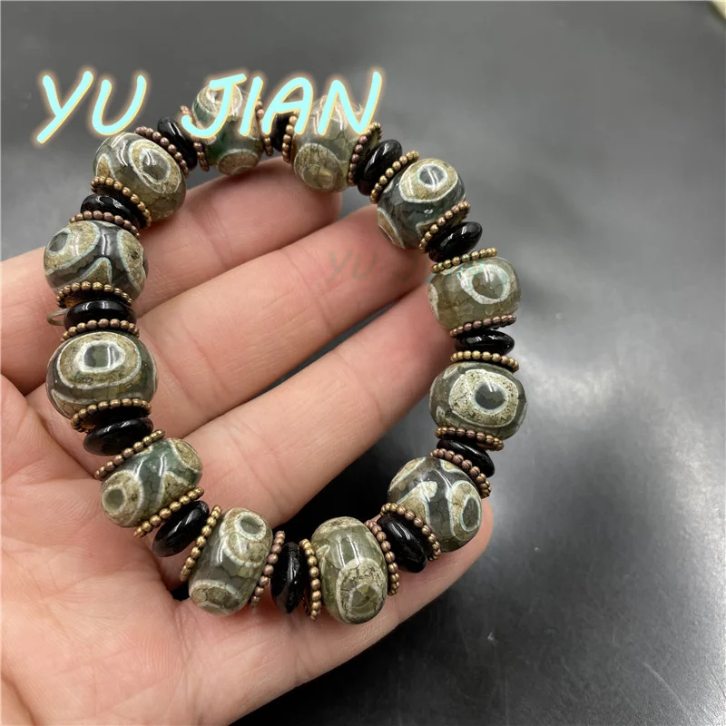Natural Vintage Green Three-eyed Dzi Agate Abacus Bead Bracelet Old-Agate Jade Hand-string Bangles Handring Jewellry