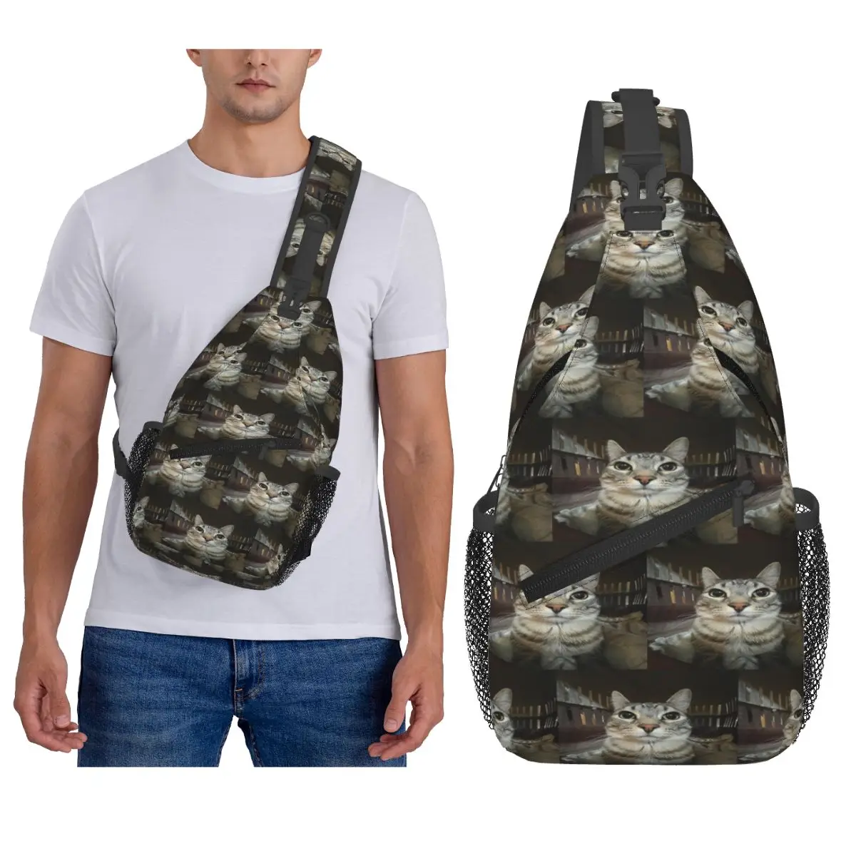 Cat Looking Directly At You Chest Bag Men Sling Crossbody Backpack Chest Bag Traveling Hiking Daypack Shoulder Bag