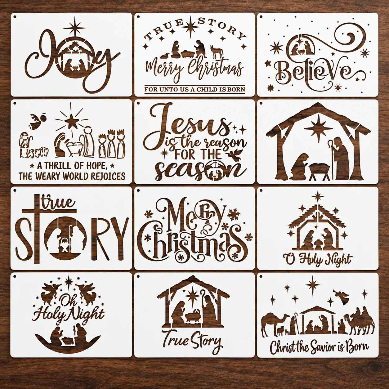 12PCS Nativity Stencils for Painting, Reusable PET 5.79x4.13in Christmas Christian Faith Templates for Wood Signs DIY Crafts