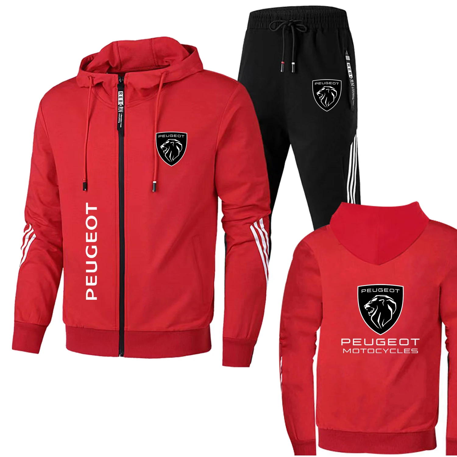 2025 neue trendige Peugeot Herrenbekleidung, Logo-Druck, Trainingsanzug, lässig, übergroß, Herren-Sweatshirt mit Reißverschluss + Hose, 2-teilige