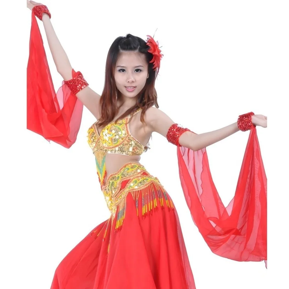 Double Cuff Belly Dance Cuffs Flowy Chiffon Drape Rhinestone Embellished Arm Sleeves Dance 1PC Design White Color