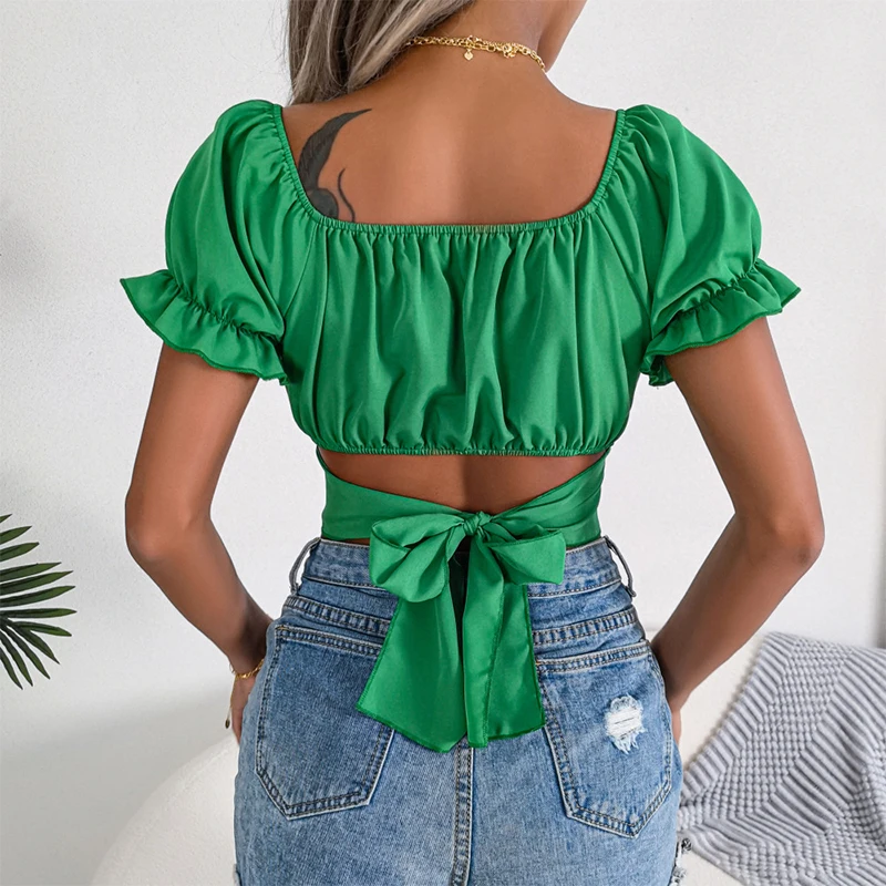 Spring Summer Women Square Collar T Shirt Sexy Tie Up Exposed Navel Short Sleeve Chiffon Shirts Tops Casual Fashion Blouse