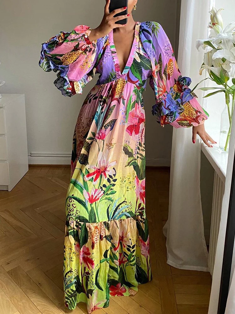 

2022 Summer New Printed Gradient Party Dress Fashion Ruffle V-neck Ladies Long Dress Autumn Ladies Sexy Slim Long Beach Dress