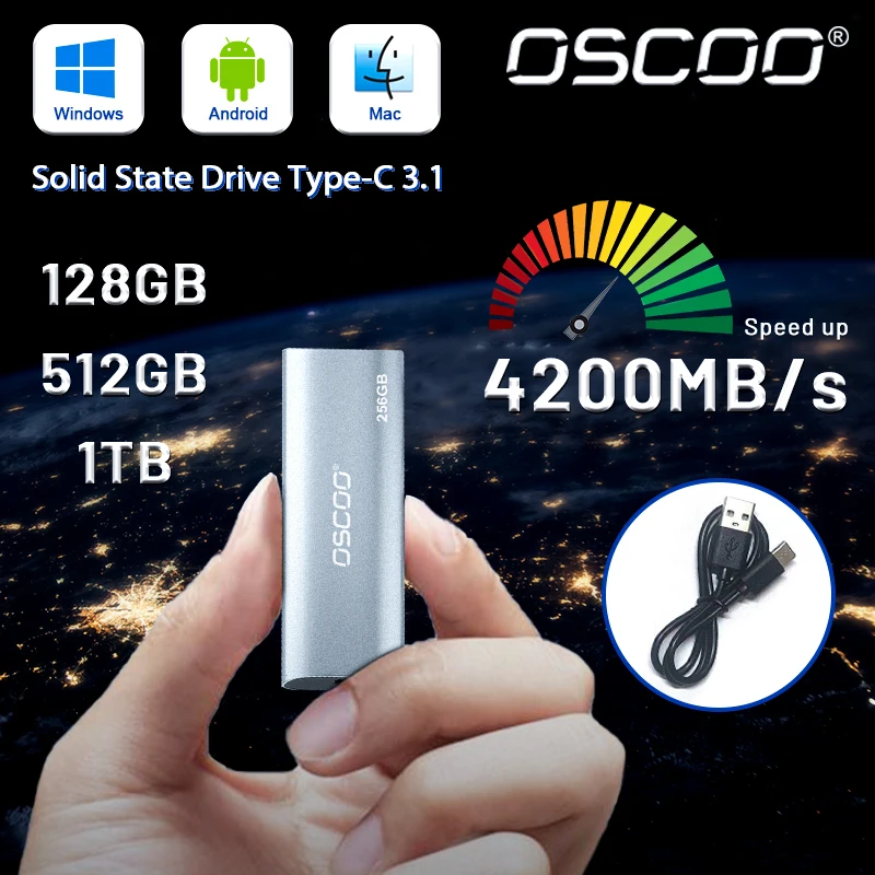 OSCOO Hard Drive eksternal SSD tipe-c, Hard Drive eksternal SSD tipe-c USB 3.0 Upport M.2 NVMe 3*4 SSD SATA PSSD 5 GB/ps 1TB 512GB 256GB SSD portabel