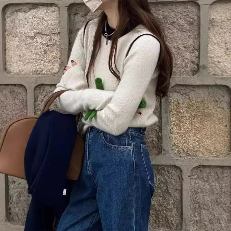 قميص محبوك برقبة دائرية للنساء في أوائل الربيع بلوفر بقصة ضيقة سترة شمعية ناعمة مع جزء علوي بأكمام طويلة من الداخل