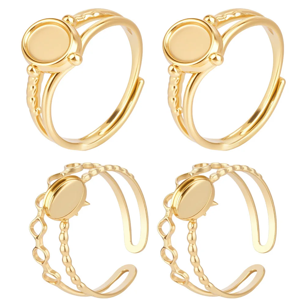 4Pcs 2 Styles Blank Finger Rings 304 Stainless Steel Open Cuff Rings Components Real 14K Gold Plated Bezel Cup Ring Settings