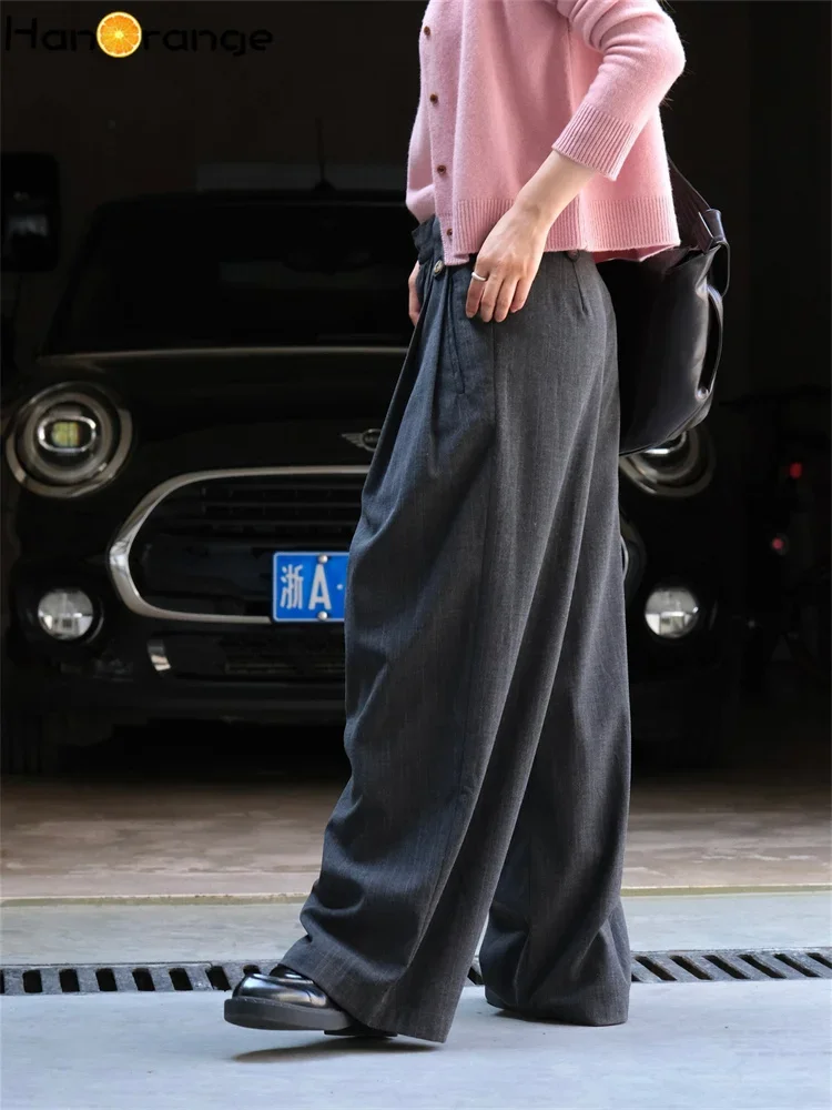 HanOrange 2024 Autumn Winter Texture Temperament Wool Gray Striped Pants Women Loose Trousers