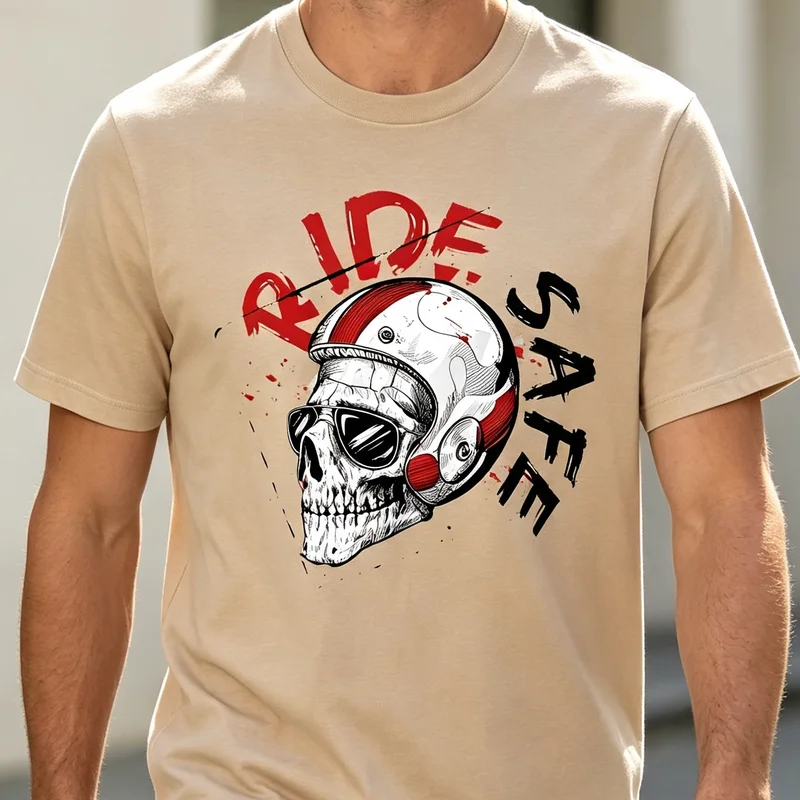 Ride Safe Biker Skull Helmet Motorcycle Vintage Cool T Shirt Graphic Tee Casual Streetwear for Men Women 100% Cotton Unisex Top