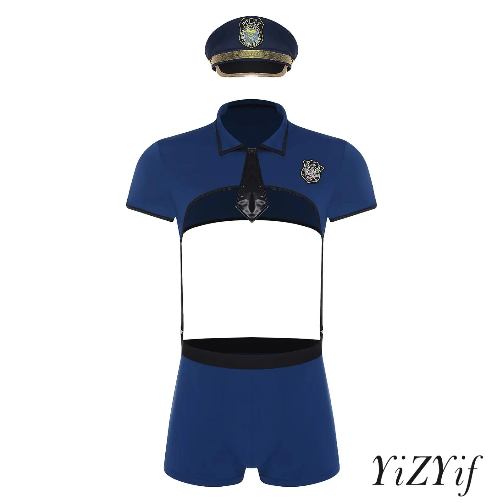 

Men Provocative Policeman Lingerie Set with Muscle Display Crop Top And Accessories Complete Roleplay Costume for Special Nights