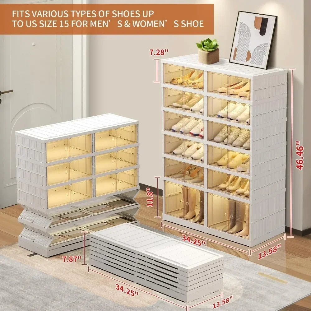 6 Tier Foldable Shoe Rack Organizer Closet 12-24Pairs Plastic Collapsible Shoe Shelf Clear Box XL Large Shoes Storage Cabinet