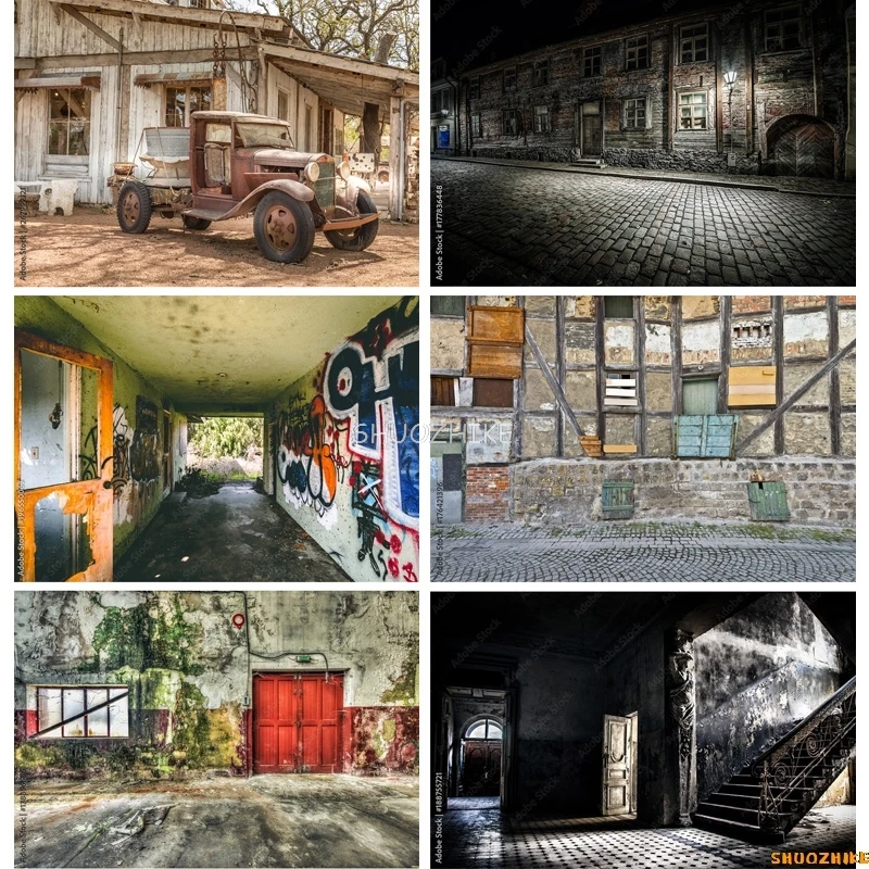 

Vintage Shabby Interior Building Wall Photo Background Old Stairway Corridor Halloween Photography Studio Props PJ-03