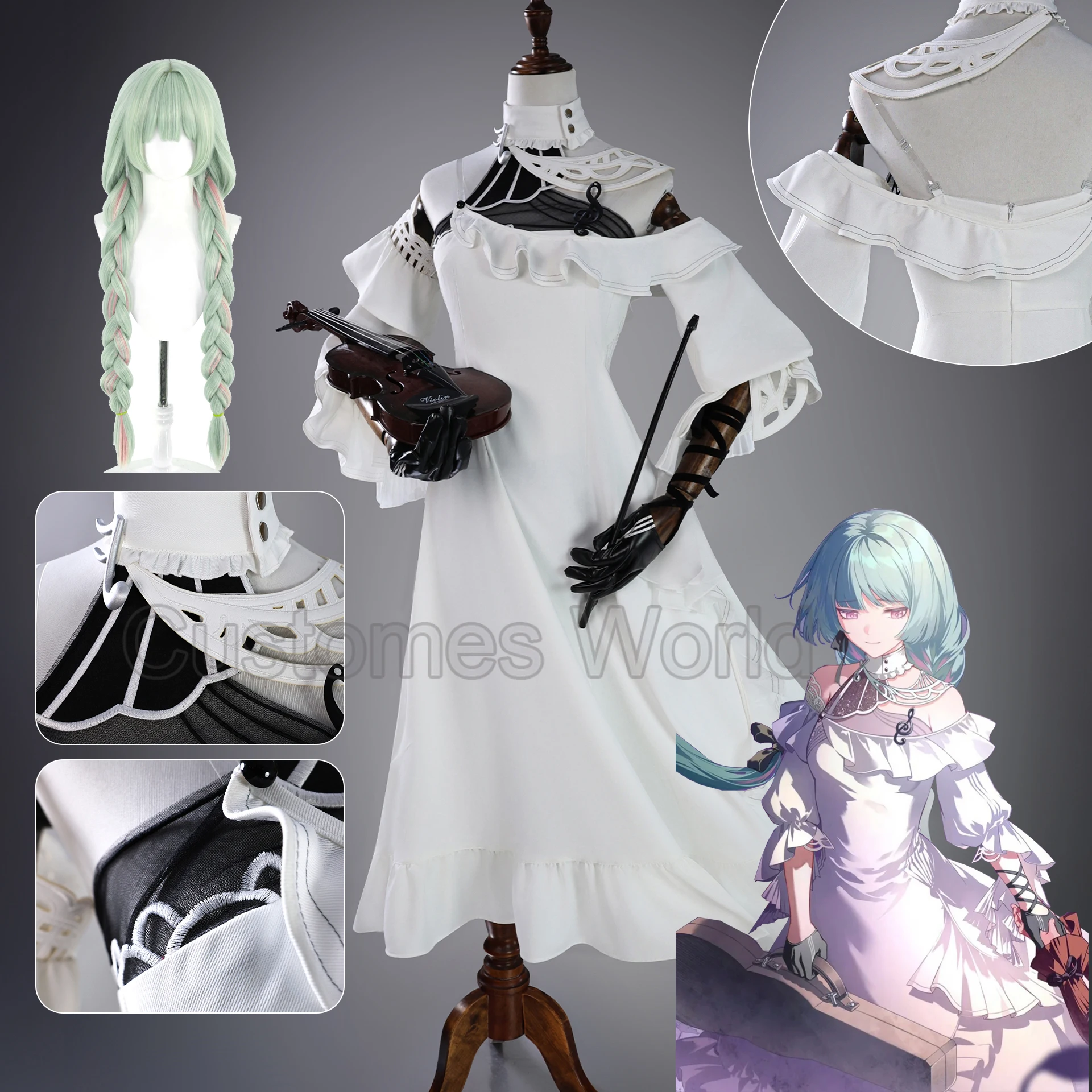 

Wuthering Waves Phrolova Косплей Костюм Мятно-зеленый Парик Девушка Белое Платье Полный Комплект Для Женщин Девочек Fractsidus Holliday Косплей