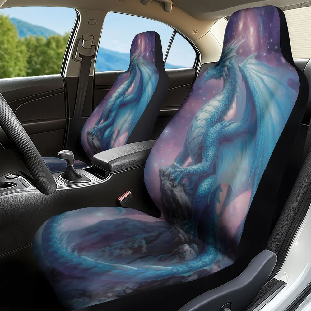 2pcs, Elegant Fantasy Blue Dragon Sky Print Front Seat Covers, Great Present For Friends With Cars, Quick To Remove And Wash For