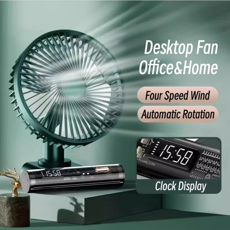 

Desktop Clock Fan 3600mAh USB Charging Automatic Rotary Air Cooling Fan 4 Speed Adjustment Electric Wind Blower for Home Office