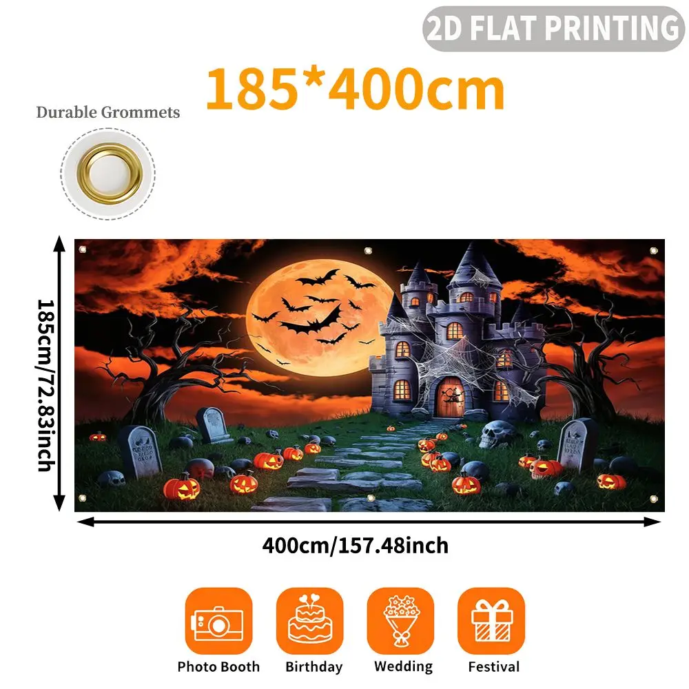 1pc 2D FLAT Halloween Party Garage Banner, Halloween Castle Moon Bats Pumpkins Graves Pattern, Decorative Polyester Banner