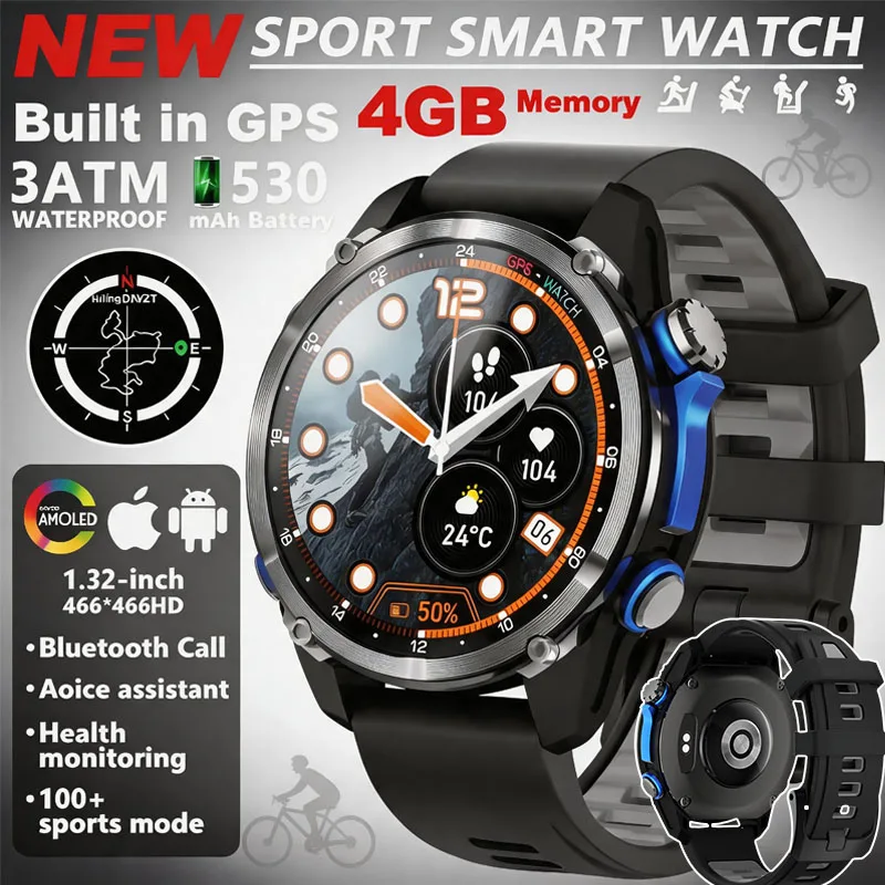 

2026New Outdoor Sports GPS Watch Men 3ATM Waterproof Altimeter Compass Offline Map 540mAh Battery 100+ Modes Smart Watch Men