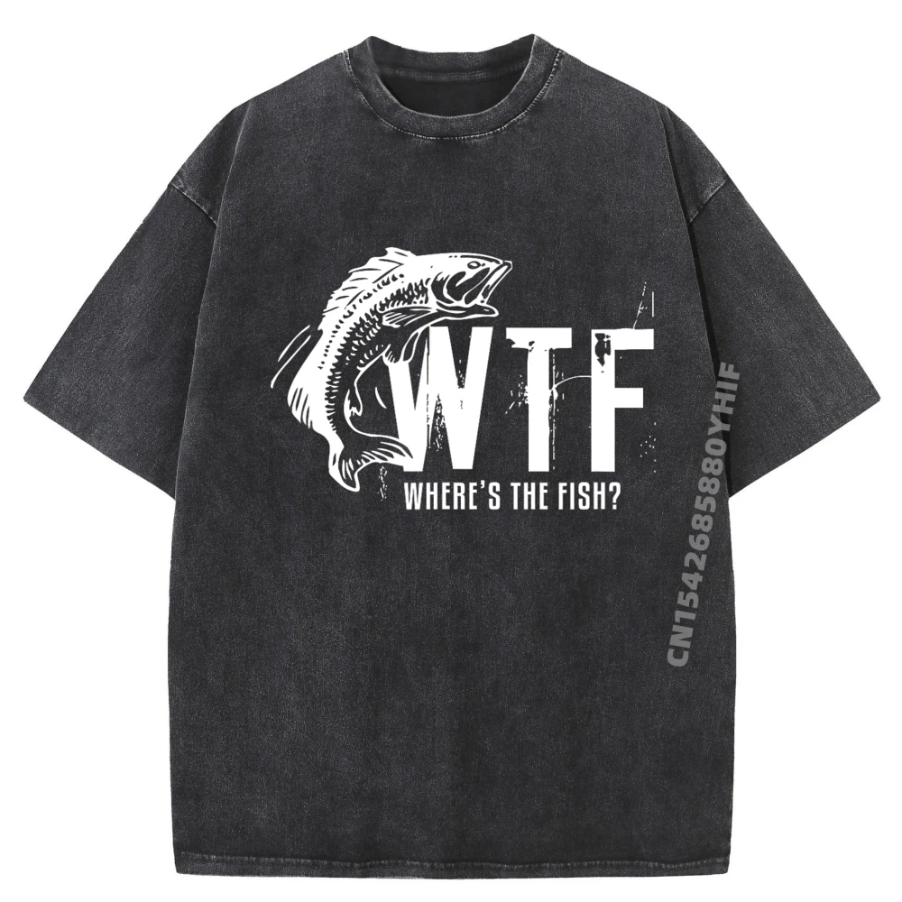

WTF Where's The Fish Men's Funny Fishing Men Clothing Fashionable And Trendy Cotton Washed T-Shirts Vintage Style