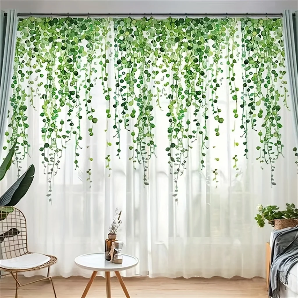 Purple Floral Flower Green Leaf Tulle Sheer Voile Window Curtains Blinds for Living Room Bedroom Home Decor Kitchen Door2Pcs