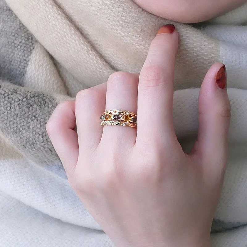 LAMOON Natural Citrine Ring For Women 925 Sterling Silver Chain Rings Sets K Gold Plated Luxury Trendy Wedding Jewelry RI042