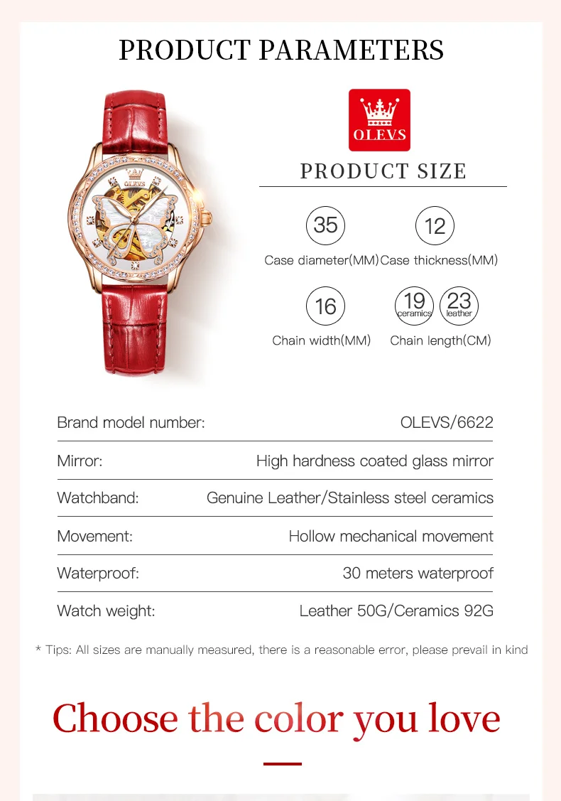 Women's OLEVS 6622 Mechanical Watch with Butterfly Skeleton Dial