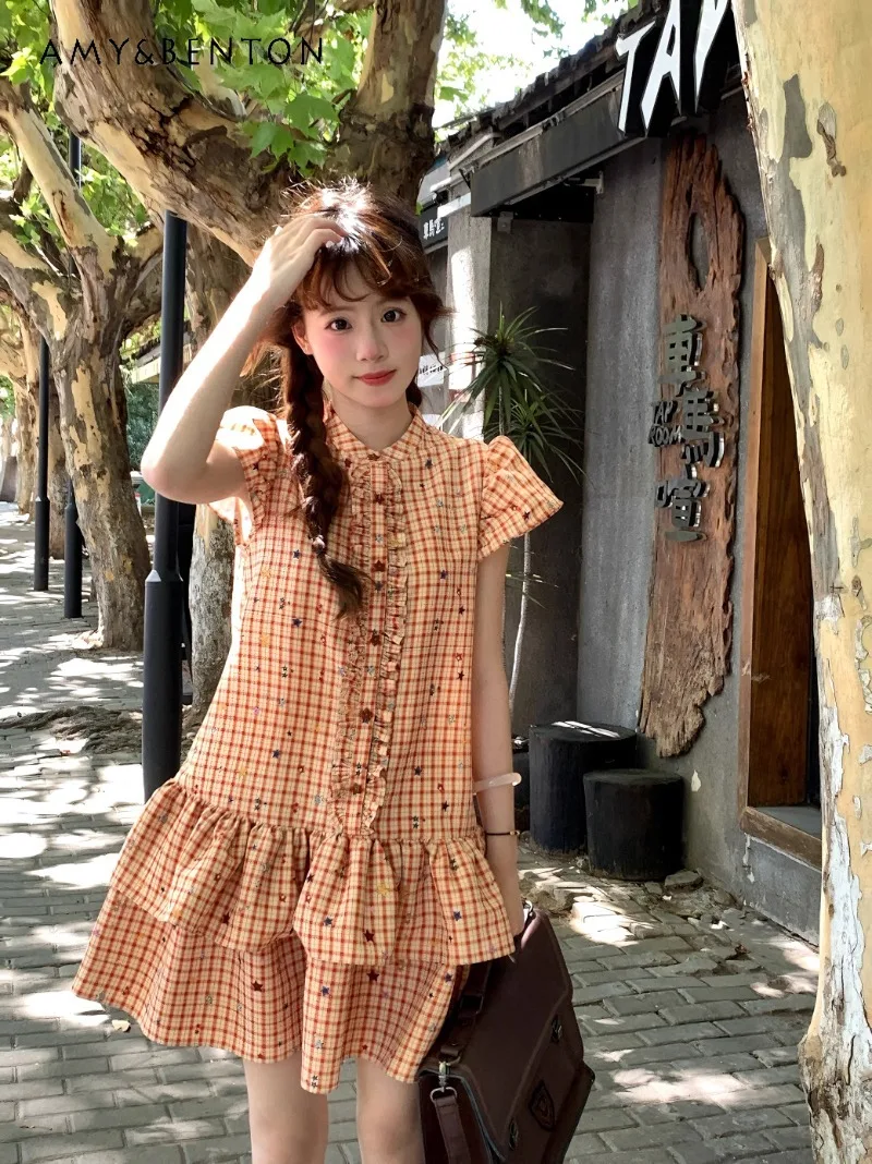 

Autumn Wear Orange Short-sleeved Plaid Lapel Top Dress Small Flying Sleeves Fashionable Versatile Single-Breasted Dress Women