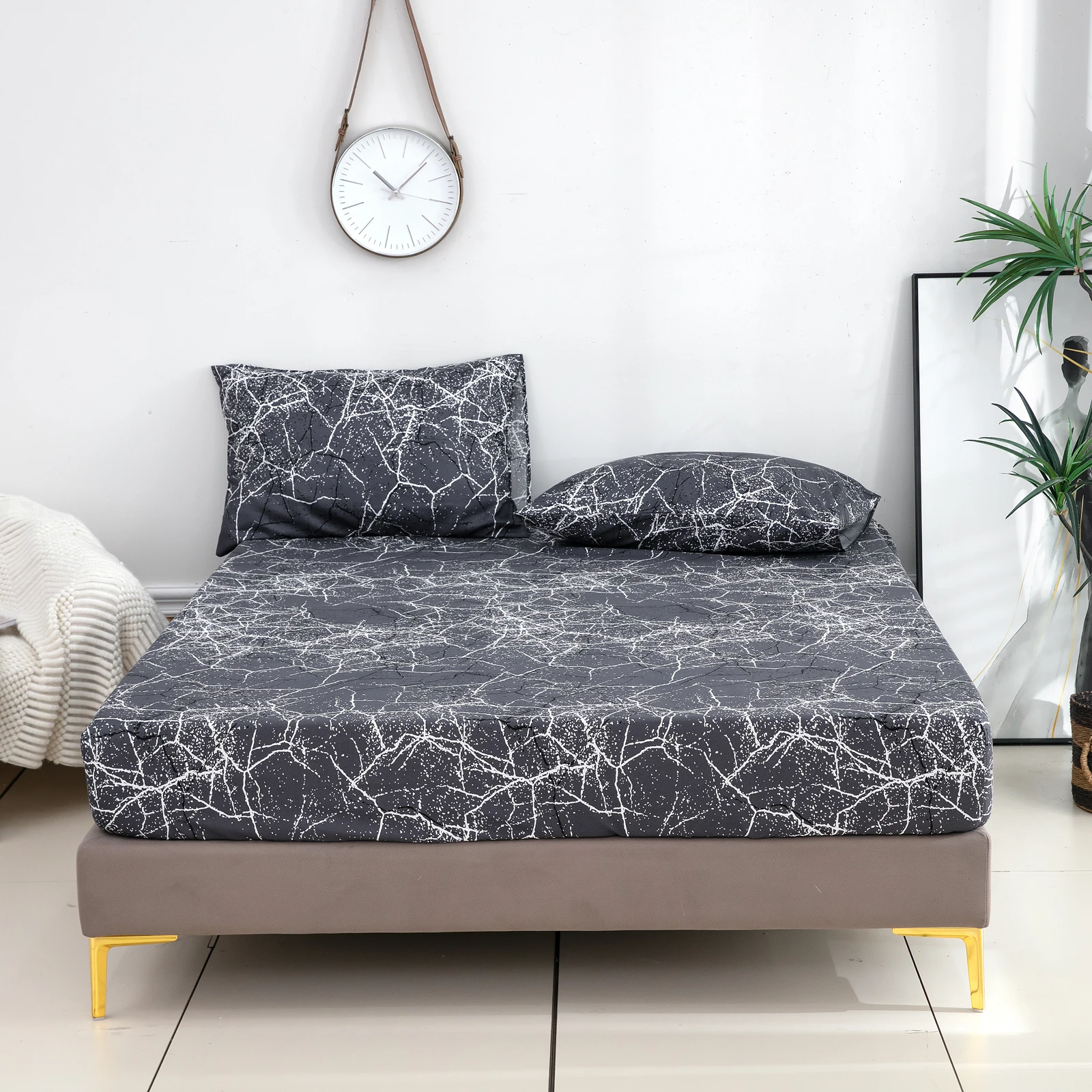 Marble-Patterned Polyester Fiber Three-Dimensional Dirt-Resistant Fitted Sheet, Soft and Comfortable Printed Fitted Sheet, 1-Piece Mattress Cover (Excluding Pillowcase, Pillow Core), Polyester Mattress Cover, Bed Protector, Suitable for Bedroom, Dormitory, Guest Room, All-Season Use, Machine Washable