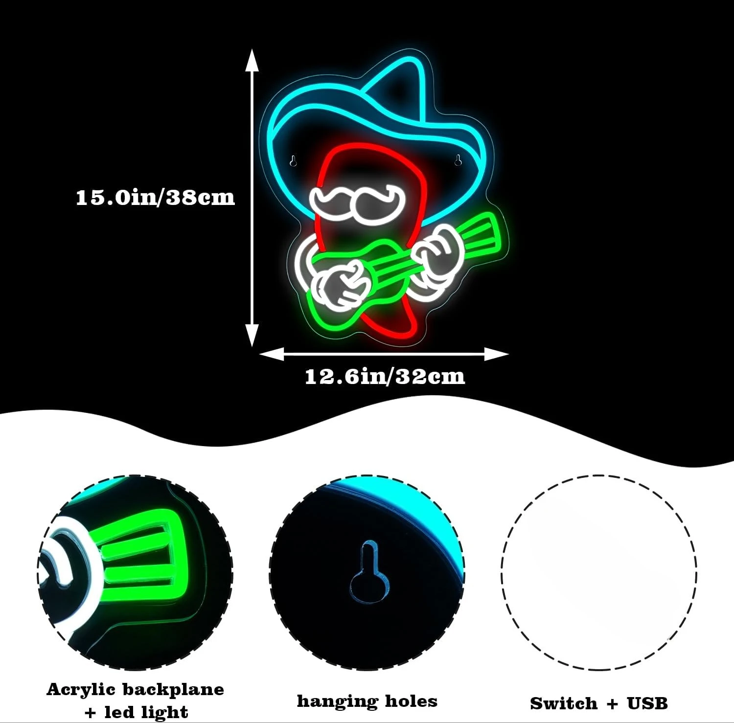 Sombrero de vaquero Chili guitarra letrero de neón USB regulable Anime pimienta luz Led para sala de juegos decoración del hogar dormitorio regalo personalizado