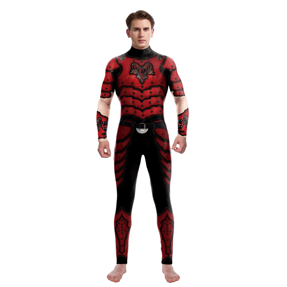 Mono con patrón de armadura roja para hombres, traje de Cosplay de soldados medievales, traje de fiesta de carnaval, traje de impresión 3D, pelele para Halloween