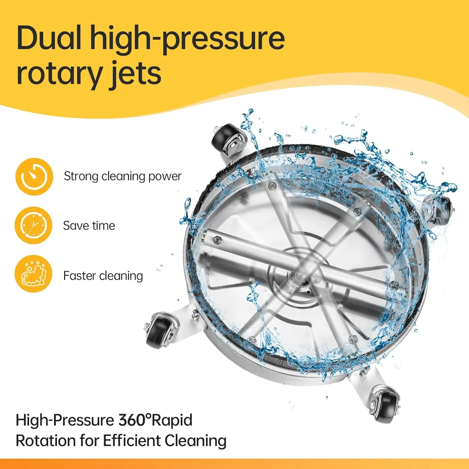 منظف أسطح غسالة الضغط مقاس 14 بوصة مع 4 عجلات، من الفولاذ المقاوم للصدأ للخرسانة والفناء والسطح والممر