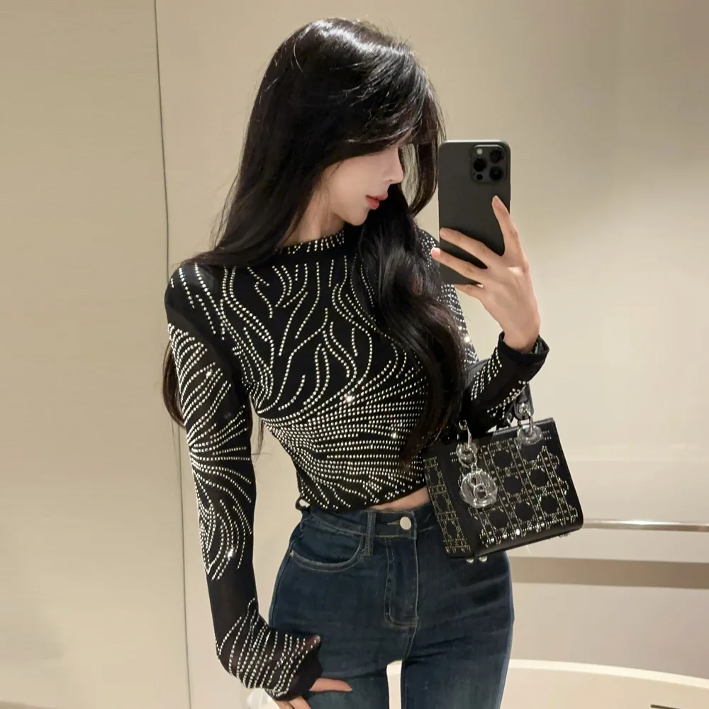  Phoenix Fly 18yx36662026 Cross-Border Heavy-Embroidered Diamond-Embedded Mesh Slimming Short Women's Top